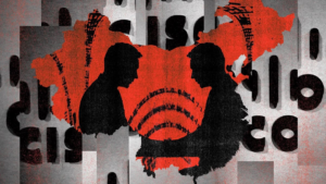 Illustration of China-linked cyber espionage showing silhouettes over a map indicating state-sponsored hacking activity