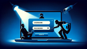 Cyber attacker attempting to access login credentials on a laptop screen symbolizing brute-force password attack in OpenClaw ClawJacked vulnerability.