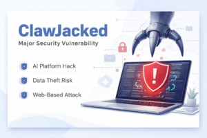 Corporate-style cybersecurity graphic showing AI platform hack and data theft risk related to ClawJacked vulnerability in OpenClaw.