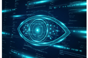 Digital surveillance eye over computer code representing cyber espionage and hacker monitoring of compromised systems.