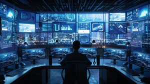 Cybersecurity analyst monitoring multiple screens in a network operations center detecting cyber threats and attacks