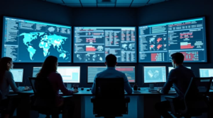 Cybersecurity analysts monitoring global threat dashboards in a security operations center to detect and prevent AI-driven cyber attacks.