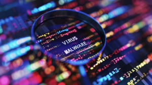 Magnifying glass highlighting malware code on a digital screen representing cybersecurity research into Android malware threats.