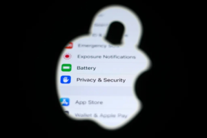 Apple logo with unlocked privacy settings screen representing iPhone security breach caused by DarkSword exploit kit