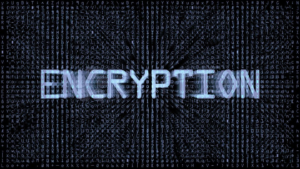 Digital screen filled with encrypted data and the word encryption, symbolizing file locking by ransomware during cyber attacks.