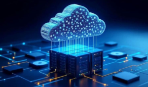 Cloud computing servers connected to network systems representing cyberattack on EU cloud infrastructure and data breach
