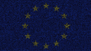 European Union flag overlaid with code symbolizing cyberattack targeting EU digital systems and data exposure