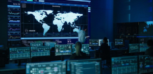 Cybersecurity operations center monitoring global threats and critical infrastructure protection systems