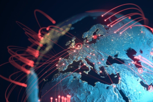 Global map with cyberattack connections showing widespread ransomware threat activity