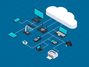 Illustration of cloud-connected devices and network infrastructure representing how government systems and cloud services can be targeted during cyber espionage operations.