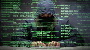 Hacker injecting malicious code into systems representing supply chain attack targeting development tools