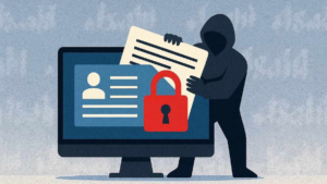 Illustration of a hacker stealing personal information and credentials from a computer system during a cyberattack.