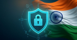 Digital security shield with the Indian flag symbolizing India's cybersecurity defense and protection against AI-powered cyber attacks.