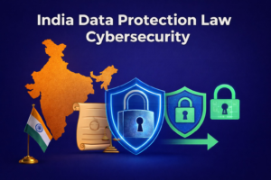Illustration of India Data Protection Law highlighting cybersecurity regulations and legal framework for protecting digital data.