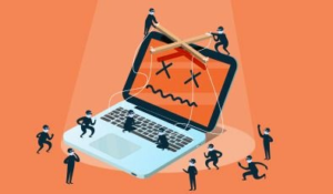 Illustration of hackers attacking a laptop representing malware hidden in fake Laravel packages targeting developers.