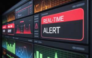 Real-time cybersecurity alert dashboard showing system warnings and monitoring indicators during Mazda internal system breach detection