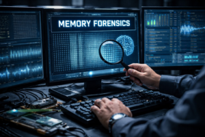 Cybersecurity analyst performing memory forensics analysis to detect credential dumping tools like Mimikatz used in cyberattacks.