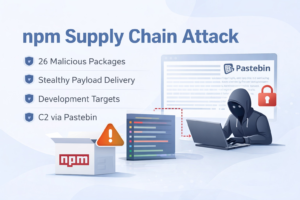 Corporate-style infographic showing 26 malicious npm packages delivering hidden payloads through Pastebin command-and-control infrastructure.