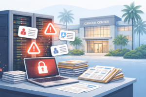 Conceptual image of encrypted digital files symbolizing exposure of personal information in a cyberattack.