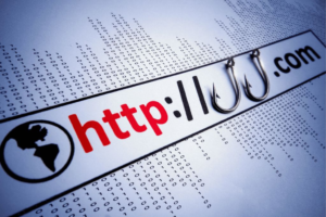 Phishing hooks attached to a web URL representing malicious links used in targeted phishing attacks to infiltrate government systems.