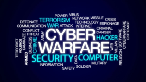 Cyber warfare concept with words like security and attack, representing politically and financially motivated ransomware campaigns.