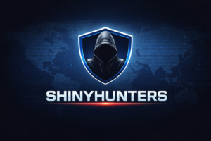 Dark corporate-style graphic showing ShinyHunters hacking group linked to EU cloud data breach incident