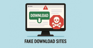 Computer screen showing fake download website warning highlighting malware distribution through phishing and malicious downloads