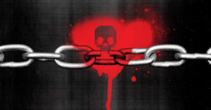 Broken chain with skull symbol representing software supply chain breach and malicious dependency in Axios attack