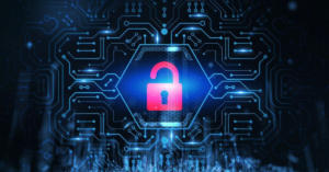 Digital security lock on a circuit board representing software supply-chain security risks and malware threats.