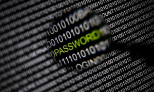 Close-up of password text over binary code background representing credential stealing malware used in StegaBin npm supply chain attack.