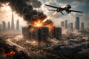 Drone flying over burning buildings during a destructive strike in the UAE amid rising regional tensions.