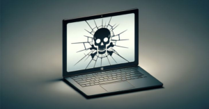 Laptop showing hacked screen with skull symbol representing Ubuntu CVE-2026-3888 privilege escalation vulnerability