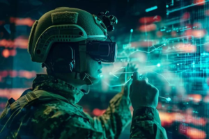Military soldier monitoring cybersecurity systems representing digital warfare and cyber defense operations.