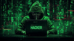 Anonymous hacker using laptop with green code background symbolizing $53 million Uranium Finance cyberattack