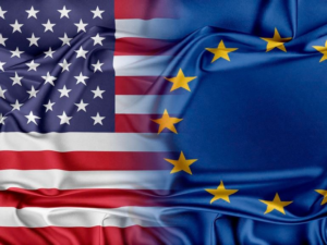 US and European Union flags representing shift in global cybersecurity leadership at RSAC 2026