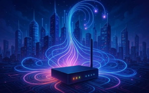 Wireless router transmitting data across a futuristic smart city network showing internet connectivity infrastructure