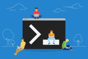 Illustration of users working on laptops around a large command terminal screen representing command execution and potential cybersecurity risks.