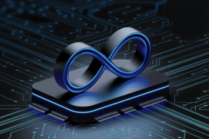 Futuristic AI chip with infinity loop symbol representing internal architecture and advanced systems revealed in code leak