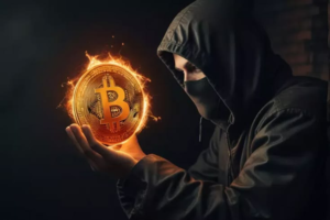 Hacker holding glowing Bitcoin symbol representing cryptocurrency theft in Bitcoin Depot security breach