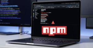 Laptop showing npm interface with warning symbol highlighting Claude Code source leak caused by npm packaging mistake