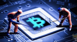 Bitcoin symbol on microchip with workers representing exploitation of crypto systems and wallet access attack