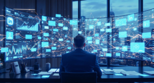 Cybersecurity analyst monitoring multiple screens with network data, detecting potential ransomware activity and system breaches