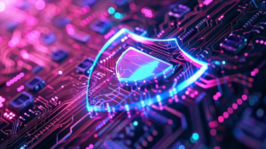 Glowing digital shield on circuit board symbolizing cybersecurity protection against ransomware attacks