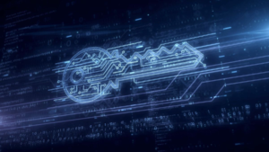 Digital encryption key representing data exfiltration and secure communication in LucidRook malware attack