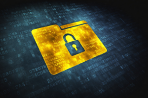 Glowing locked folder icon over digital code background representing encrypted files during a ransomware attack