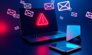 Laptop showing security warning with floating email icons representing phishing attack and data breach affecting Eurail users