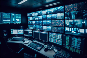A modern industrial control room with multiple monitoring screens showing critical infrastructure systems under cybersecurity surveillance