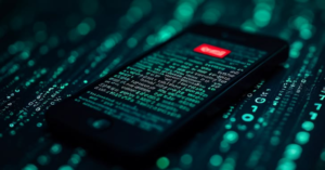 Smartphone displaying code symbolizing data leakage and forensic recovery of deleted messages from iPhone