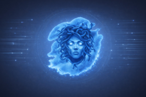 Digital illustration of Medusa representing Medusa ransomware, symbolizing a modern cyber threat with a blue futuristic background