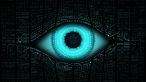 Digital surveillance eye representing malware scanning photos and extracting sensitive data using OCR